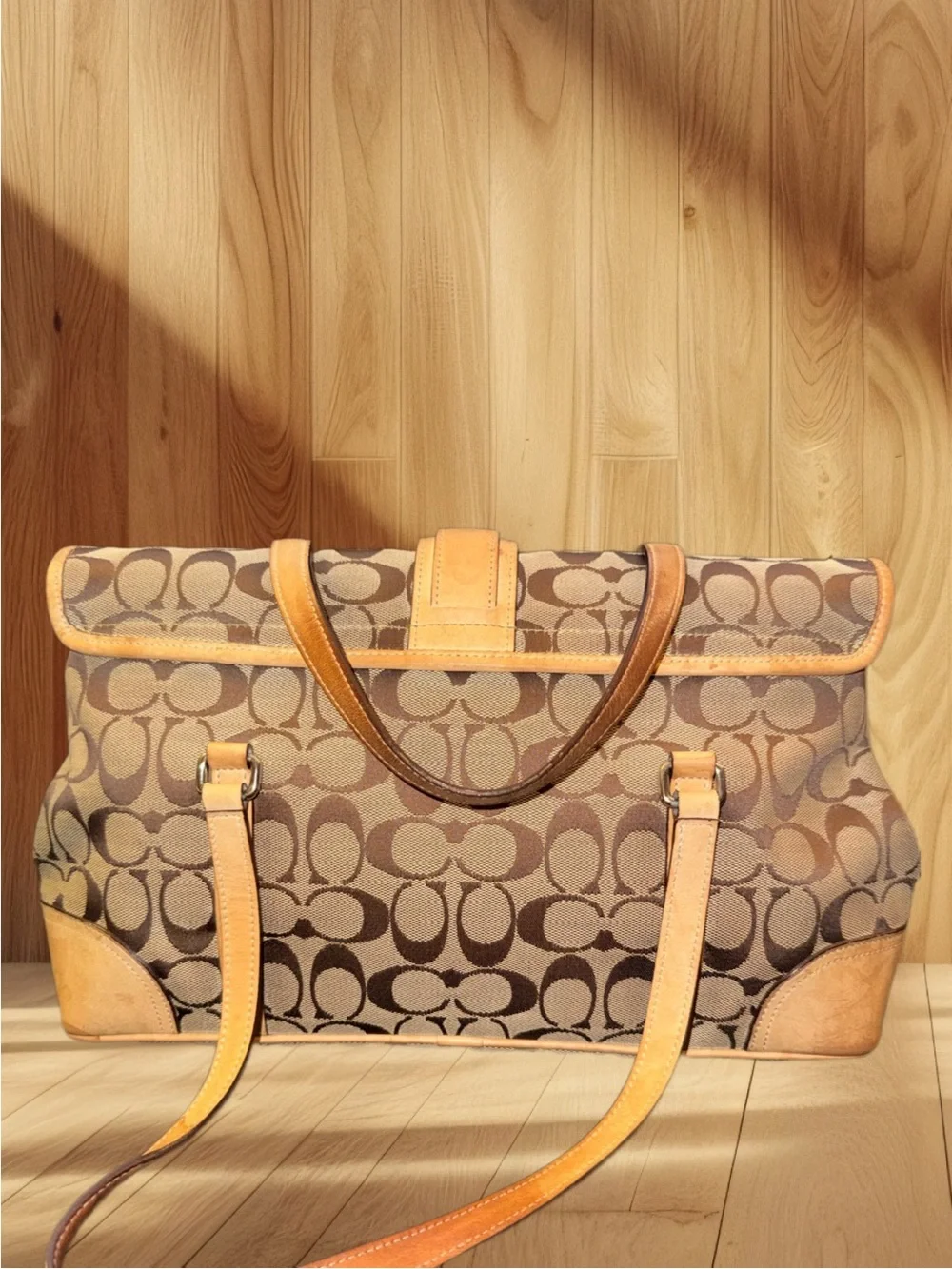 Coach Brown Signature Canvas Shoulder Bag with Tan Leather Trim